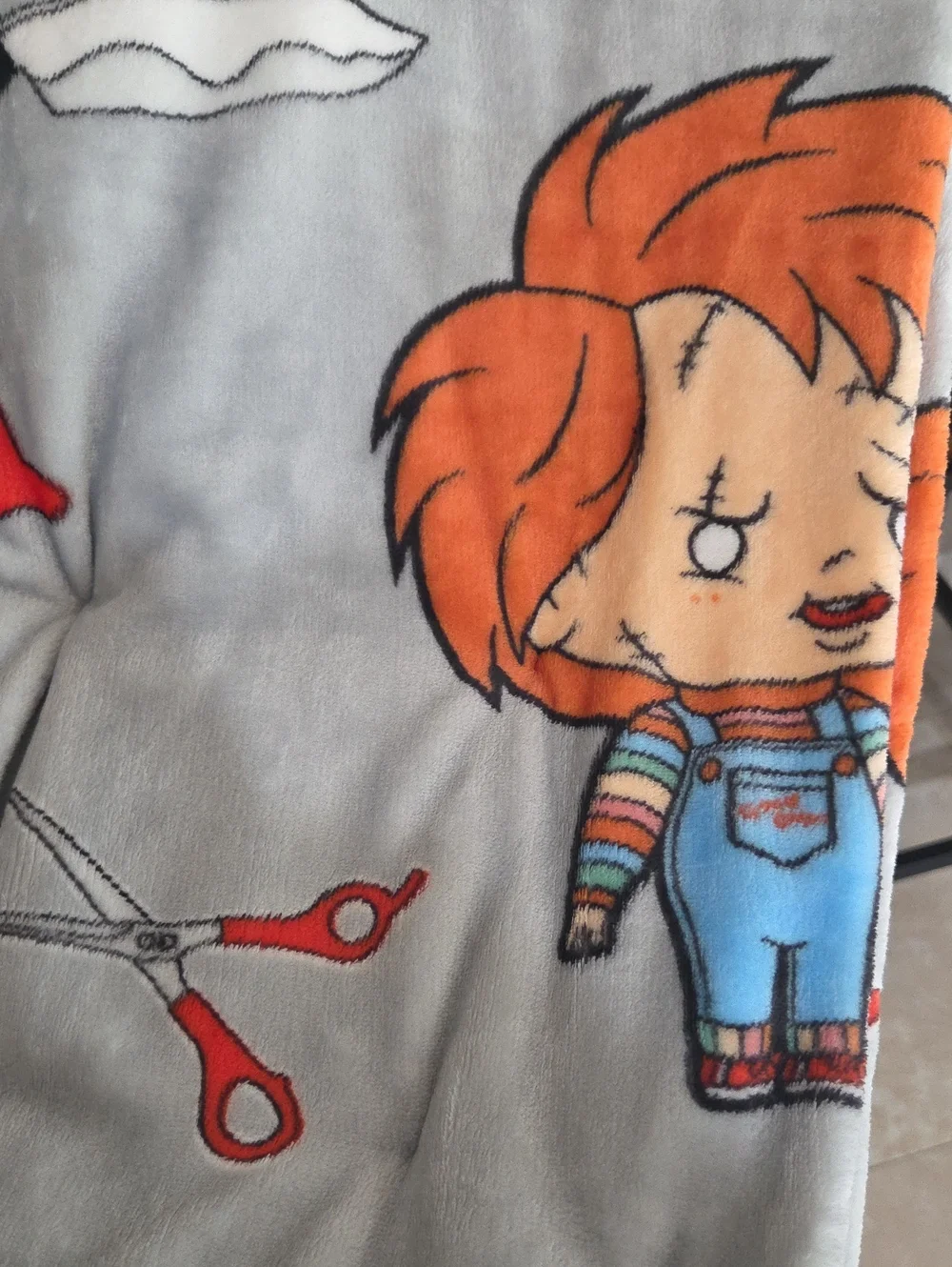 Chucky  Plush Throw Blanket - Gray with Orange Character Print